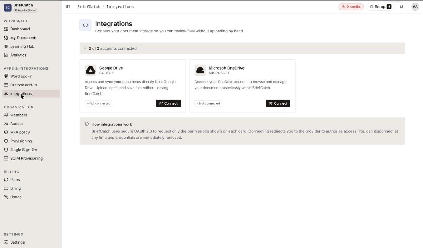 The Integrations page showing Google Drive and Microsoft OneDrive cards, both marked Not connected, each with a Connect button, above a note explaining that BriefCatch uses OAuth 2.0 and that credentials are removed on disconnect