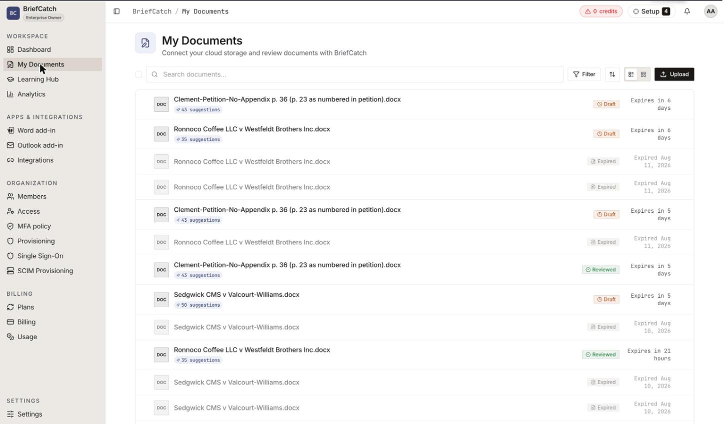 The BriefCatch document library listing several uploaded briefs, each with a Draft, Reviewed, or Expired status, a suggestion count, and how long the stored copy has left